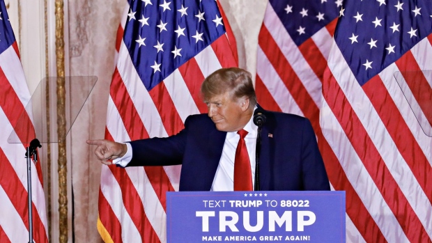 Former US President Donald Trump speaks at the Mar-a-Lago Club in Palm Beach, Florida, US, on Tuesday, Nov. 15, 2022. Trump formally entered the 2024 US presidential race, making official what he's been teasing for months just as many Republicans are preparing to move away from their longtime standard bearer.
