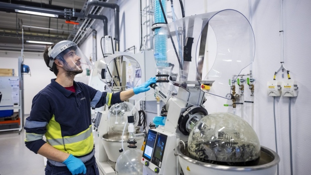A worker operates a crystallizer machine at the NorthVolt AB Labs research and development center in Vasteras, Sweden, on Tuesday, Feb. 15, 2022. Sweden's Northvolt is leading an effort to forge a regional champion that can beat rivals from Asia.