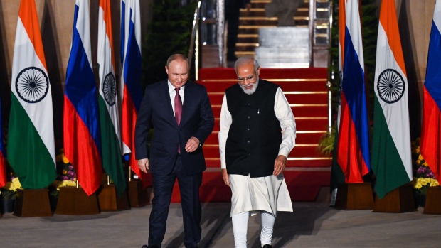 Narendra Modi and Vladimir Putin at last year’s summit in New Delhi on Dec. 6, 2021. Photographer: Money Sharma/AFP/Getty Images