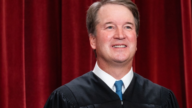 Associate Justice Brett Kavanaugh during the formal group photograph at the Supreme Court in Washington, DC, US, on Friday, Oct. 7, 2022. The court opened its new term Monday with a calendar already full of high-profile clashes, including two cases that could end the use of race in college admissions.