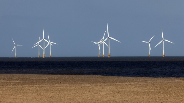 Offshore wind turbines at the Scroby Sands Wind Farm, operated by E.ON SE, near Great Yarmouth, UK, on Friday, May 13, 2022. The UK will introduce new laws for energy to enable a fast build out of renewables and nuclear power stations as set out in the government’s energy security strategy last month.