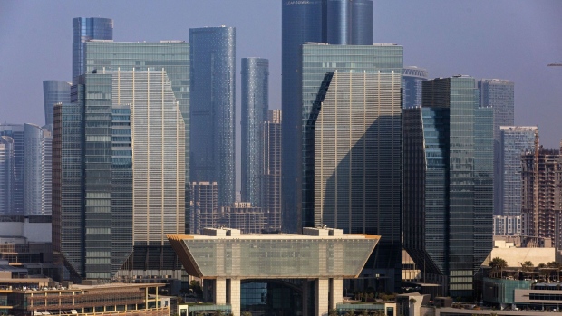 The Abu Dhabi Global Market Authorities building, center, stands among commercial and residential properties on Al Maryah Island in Abu Dhabi.