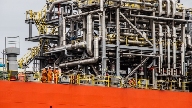 Pipework aboard the Eemshaven LNG floating storage regasification unit (FSRU), part of the EemsEnergyTerminal operated by Nederlandse Gasunie NV, at the deepwater port in Eemshaven, Netherlands, on Thursday, Sept. 8, 2022. The LNG gas terminals, the first in a wave of the specialist tankers that Europe is banking on to ease the worst energy crunch in decades, are designed to convert the super-chilled fuel transported on seagoing vessels into gas that can be pumped into onshore networks. Photographer: Peter Boer/Bloomberg