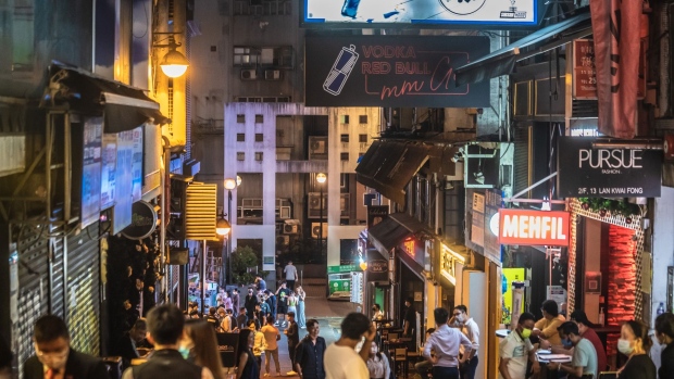The Lan Kwai Fong nightlife area in Hong Kong, China, on Thursday, June 16, 2022. Hong Kong's bar and nightclub owners were caught off-guard when government officials announced that their patrons would have to show proof of a negative Covid-19 test in order to enter, starting today.
