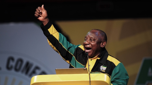 Cyril Ramaphosa, South Africa's president, on the opening day of the 55th national conference of the African National Congress (ANC) party in Johannesburg, South Africa, on Friday, Dec. 16, 2022. Former Health Minister Zweli Mkhize will compete with Ramaphosa to lead the African National Congress at a five-yearly elective conference that begins Friday.