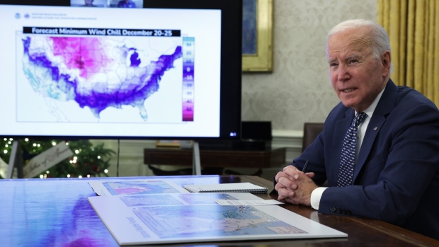 Joe Biden gives a winter weather briefing at the White House on December 22.  Photographer: Alex Wong/Getty Images