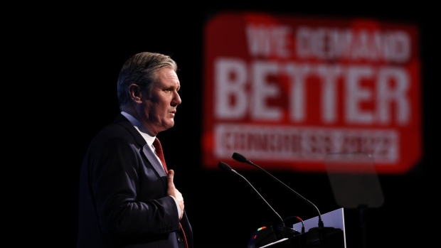 Keir Starmer, leader of the Labour Party, delivers a speech at the Trades Union Congress (TUC) in Brighton, UK, on Thursday, Oct. 20, 2022. Trade unions have called on millions of workers to protest against any return to austerity after Britain’s new chancellor of the Exchequer warned that “some areas of spending will need to be cut.”