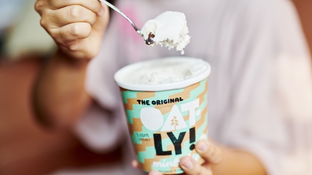 A pint of Oatly brand ice cream is arranged for a photograph in the Brooklyn borough of New York, U.S., on Wednesday, Sept. 16, 2020. Oatly AB is considering an initial public offering that could value the Swedish maker of vegan food and drink products at as much as $5 billion, according to people with knowledge of the matter. Photographer: Bloomberg/Bloomberg
