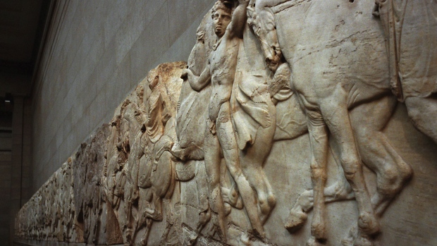 399894 06: A frieze which forms part of the "Elgin Marbles", taken from the Parthenon in Athens, Greece almost two hundred years ago by the British aristocrat, the Earl of Elgin, are on display January 21, 2002 at the British Museum in London, England. A campaign is underway, led by British MPs and celebrities such as Vanessa Redgrave, for the Marbles to be returned to Greece ahead of the Athens Olympic Games in 2004. (Photo by Graham Barclay, BWP Media/Getty Images)