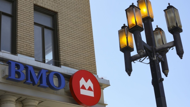 A Bank of Montreal (BMO) bank branch in Montreal, Quebec, Canada, on Thursday, April 28, 2022. Five Canadian banks had their price targets cut an average of 6% at RBC Capital Markets on prospects that escalating macro risks could weigh on profits. Photographer: Christinne Muschi/Bloomberg