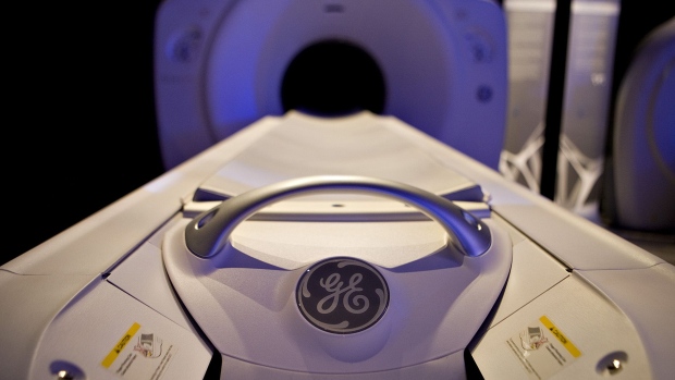 A General Electric Co. logo is seen on a Discovery CT750 HD CT scan machine as it sits on display prior to a news conference in New York.