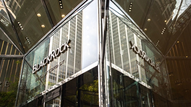 Signage outside BlackRock Inc. headquarters in New York, U.S, on Saturday, April 10, 2021. BlackRock Inc. is scheduled to release earnings figures on April 15. Photographer: Jeenah Moon/Bloomberg