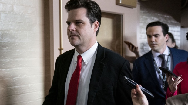 Representative Matt Gaetz, a Republican from Florida, arrives to a Republican caucus meeting at the US Capitol in Washington, DC, US, on Tuesday, Jan. 3, 2023. House GOP leader Kevin McCarthy again fell short of winning the speakership in the second round of voting as a small group of party dissidents continued their revolt in a stunning political rebuke to the California Republican that previews potential turmoil in the chamber over the next two years.