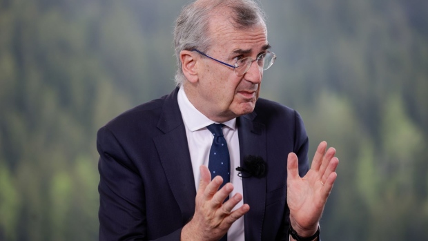 Francois Villeroy de Galhau, governor of the Bank of France, during a Bloomberg Television interview on day two of the World Economic Forum (WEF) in Davos, Switzerland, on Tuesday, May 24, 2022. The annual Davos gathering of political leaders, top executives and celebrities runs from May 22 to 26.