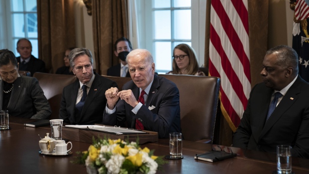 US President Joe Biden speaks during a cabinet meeting with Antony Blinken, US secretary of state, left, and Lloyd Austin, US secretary of defense, right, at the White House in Washington, DC, US, on Thursday, Jan. 5, 2023. Biden today chastised Republicans for what he called their "inflammatory" migration politics as he detailed new policies to stem migrant crossings ahead of a visit to the US-Mexico border.