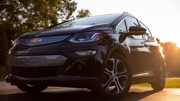 A Chevrolet Bolt electric vehicle (EV) in West Bloomfield, Michigan, U.S., on Monday, Aug. 30, 2021. General Motor Co. has recalled every Chevrolet Bolt it has built due to the risk of battery fires and warned owners not to park them in their garage--leaving owners frustrated.