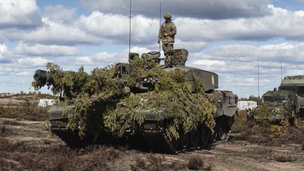 A British Army Challenger 2 main battle tank during the Finnish Army Arrow 22 training exercise, with participating forces from the U.K., Latvia, U.S. and Estonia, in Niinisalo, Finland, on Wednesday, May 4, 2022. Swedes and Finns are increasingly in favor of joining the NATO defense bloc after Russia's invasion of Ukraine, adding pressure on the countries' leaders to change long-standing policies of military non-alignment.