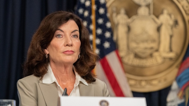 Kathy Hochul, governor of New York, during a news conference in New York, US, on Monday, Aug. 22, 2022. New York is lifting Covid-19 restrictions for schools to align with guidance from the CDC, Governor Hochul announced on Monday.