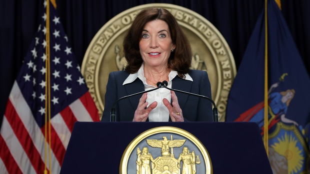 NEW YORK, NEW YORK - FEBRUARY 09: New York Governor Kathy Hochul speaks during a Covid-19 press conference on February 09, 2022 in New York City. Governor Hochul announced the end of the New York state indoor mask mandate, effective tomorrow February 10th. Masks will still be require at schools, nursing homes, hospitals, bus and train stations. The mask mandate for schools will be evaluated upon return from winter break. (Photo by Dia Dipasupil/Getty Images)