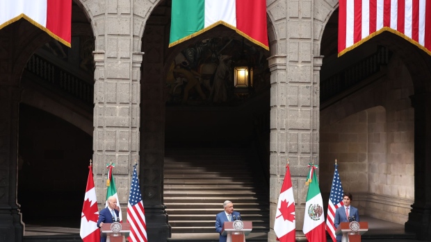 Joe Biden, from left, Andres Manuel Lopez Obrador and Justin Trudeau at Palacio Nacional in Mexico City, on Jan. 10.