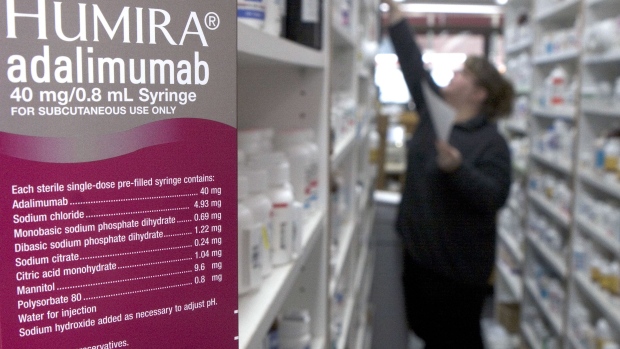 Humira, the injectable rheumatoid arthritis treatment is pictured in a pharmacy in Cambridge, Massachusetts, US. Photographer: JB Reed/Bloomberg