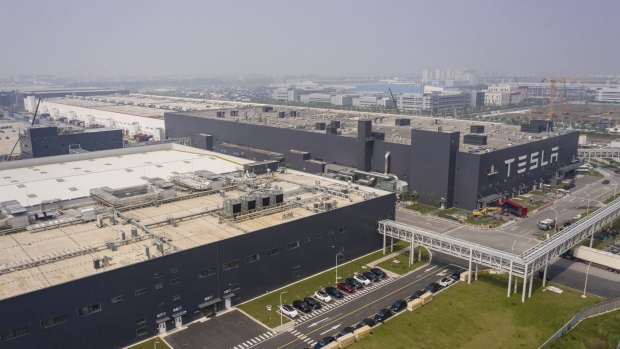 The Tesla Inc. Gigafactory in Shanghai, China, on Wednesday, June 15, 2022. Tesla has staged a remarkable comeback in terms of its production in China, with May output more than tripling despite the electric carmaker only recently getting its Shanghai factory back up to speed after the city’s punishing lockdowns.