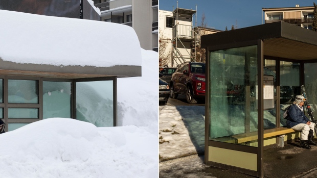 A bus stop in the town of Davos in Jan. 2018, left, and Jan. 2023, right. Photographers: Jason Alden/Francesca Volpi/Bloomberg