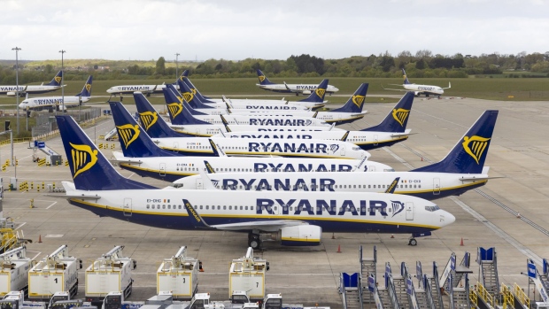 Passenger aircraft, operated by Ryanair Holdings Plc, on the tarmac at London Stansted Airport, operated by Manchester Airport Plc,in Stansted, U.K., on Monday, May 10, 2021. The U.K. governments decision to loosen border rules frees Britons to feed their pent-up appetite for leisure travel.