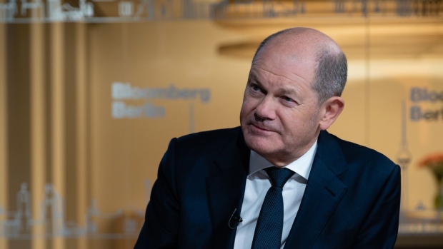 Olaf Scholz, Germany's chancellor, during a Bloomberg Television interview in Berlin, Germany, on Wednesday, Jan. 17, 2023. Scholz said Germany will back Ukraine — and coordinate decisions on delivering battle tanks with allies — but will ensure that a direct conflict between Russia and NATO is avoided.