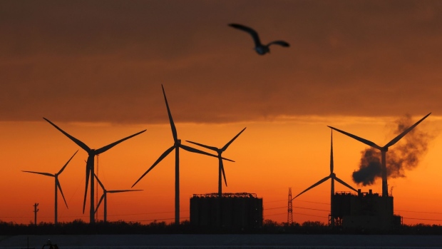 Onshore wind turbines in Wilhelmshaven, Germany.