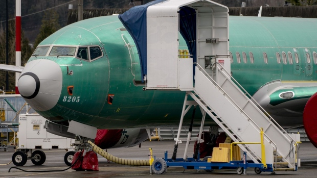 A Boeing Co. 737 Max airplane outside the company's manufacturing facility in Renton, Washington, U.S., on Monday, March 21, 2022. China Eastern Airlines will ground all of its Boeing 737-800 jets starting Tuesday after a plane crash in the southwestern Chinese region of Guangxi.
