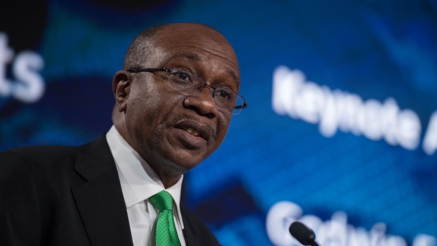 Godwin Emefiele, governor of Nigeria's central bank, speaks during the Nigeria Capital Markets and Banking Forum in London, U.K., on Friday, Oct. 27, 2017. The Nigerian government is looking to plug a 2017 budget deficit that it forecast at 2.3 trillion naira, or 2.2 percent of GDP following a revenue shortfall caused by the decline of output and price of oil, its main export.