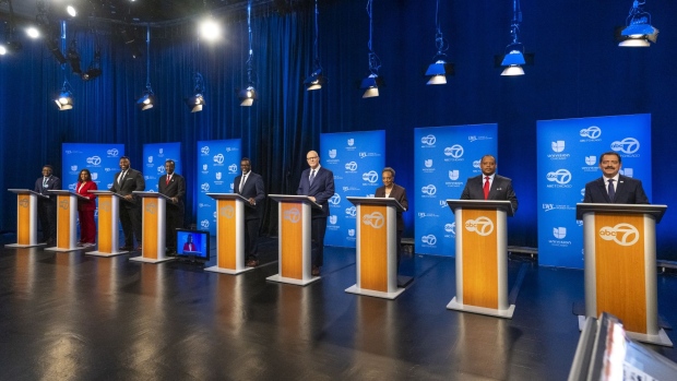 Chicargo mayoral candidates at a televised debate on Jan. 19.