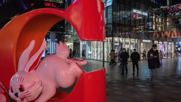 A statue celebrating the upcoming Year of the Rabbit at a shopping mall in Beijing, China, on Thursday, Dec. 29, 2022. China could see as many as 25,000 deaths a day from Covid-19 later in January, casting a shadow over the start of the first Lunar New Year festivities without pandemic restrictions.