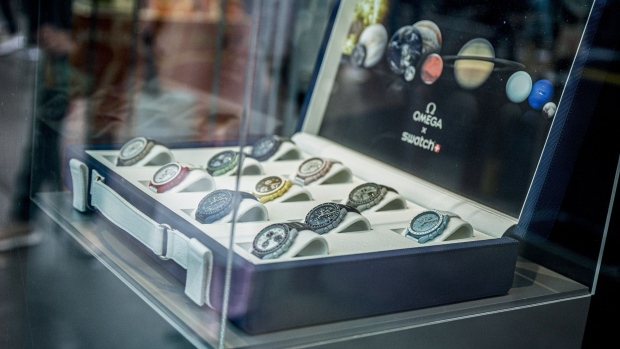 Swatch x Omega MoonSwatch model watches displayed in Zurich. Photographer: Pascal Mora/Bloomberg