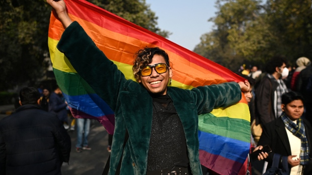 Gender rights activists and supporters of LGBTQ community walk the Delhi queer pride parade in New Delhi on January 8, 2023.  Photographer: Sajjad Hussain/AFP/Getty Images