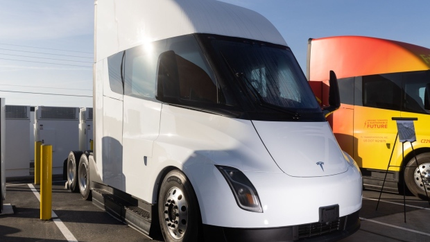 A Tesla Semi electric truck parked outside the Frito-Lay manufacturing facility in Modesto, California, US, on Wednesday, Jan. 18, 2023. PepsiCo’s Frito-Lay is replacing its diesel-powered freight equipment with zero-emission trucks, solar panels and energy-storage systems at it's Modesto plant.