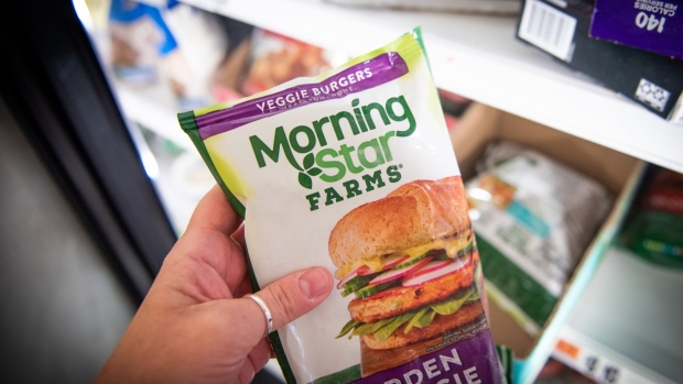 Kellogg brand Morning Star vegetarian frozen burgers arranged at a supermarket in Dobbs Ferry, New York, US, on Wednesday, June 22, 2022. Kellogg Co. said it will split into three independent companies, sparking a rally in the food conglomerates shares.