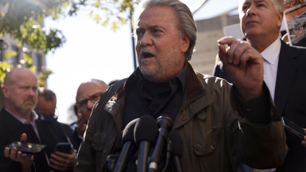 Steve Bannon speaks to news media after leaving federal court in Washington, DC, on Oct. 21, 2022.