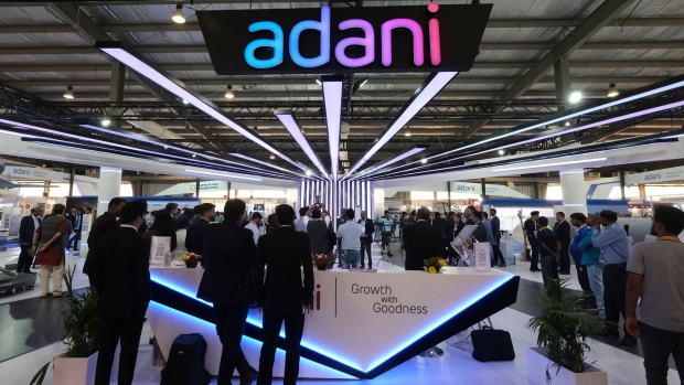 The exhibition booth of Adani Defense and Aerospace of Adani Group during the DefExpo 2022 in Gandhinagar, Gujarat, India, on Tuesday, Oct. 18, 2022. The exhibition is scheduled to run until Oct. 22.