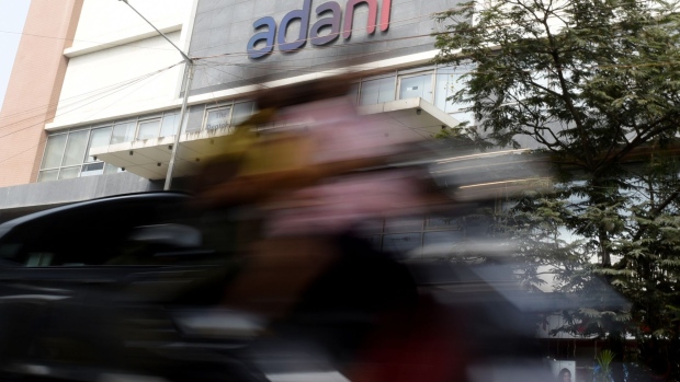 Signage of Adani Group in Mumbai, India, on Friday, Jan. 27, 2023. Shares of Adani Group’s companies have lost more than $30 billion in market value in less than two sessions, as a selloff sparked by US short seller Hindenburg Research’s scathing report deepened on Friday.