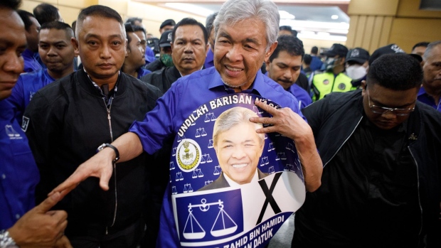 Ahmad Zahid Hamidi, president of the United Malays National Organization, following an announcement of Barisan National (BN) candidates, ahead of general elections, at the United Malays National Organisation (UMNO) headquarters in Kuala Lumpur, Malaysia, on Tuesday, Nov. 1, 2022. UMNO is intent on redeeming itself following a shock defeat in the 2018 general election after roughly six decades in power due in part to the 1MDB scandal.