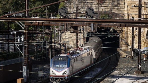 An Amtrak train exits the Baltimore and Potomac Tunnel. Photographer: Drew Angerer/Getty Images