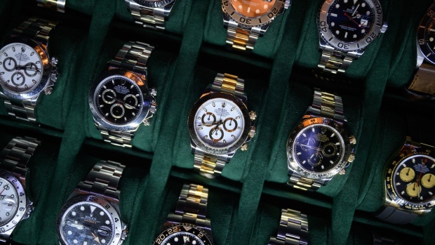 LONDON, ENGLAND - MARCH 19: A tray of Rolex watches are seen on a dealer's stand at the London Watch Show on March 19, 2022 in London, England. Billed as London's largest ever watch show, the London Watch Show 2022 includes display stands for luxury watch dealers, manufacturers and watch-lover lifestyle products. The event runs March 18-20 at the Grosvenor House hotel on Park Lane, London. (Photo by Leon Neal/Getty Images)