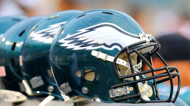 A row of Philadelphia Eagles helmets.