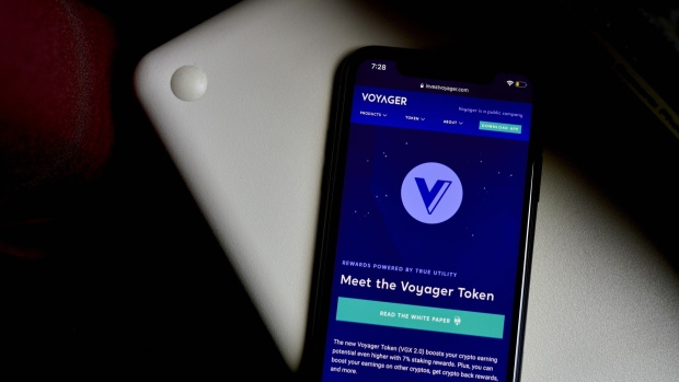 The Voyager Digital website on a smartphone in the Brooklyn borough of New York, US, on Friday, July 8, 2022. Crypto broker Voyager Digital Ltd. filed for Chapter 11 bankruptcy protection just weeks after getting a lifeline from billionaire Sam Bankman-Fried’s Alameda Research, citing market volatility and the collapse of a hedge fund it had lent money to. Photographer: Gabby Jones/Bloomberg