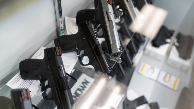 Smith & Wesson Brands Inc. semi-automatic pistols for sale at Hiram's Guns / Firearms Unknown store in El Cajon, California, U.S., on Monday, April 26, 2021. President Joe Biden's planned executive actions would crack down on "ghost guns," which can be assembled from kits and are not traceable by law enforcement because they lack serial numbers, as well as braces for pistols that make firearms more stable and accurate. Photographer: Bing Guan/Bloomberg