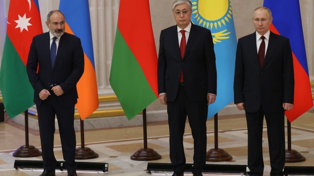 Armenian Prime Minister Nikol Pashinyan, Kazakh President Kassym-Jomart Tokayev and Vladimir Putin in St. Petersburg in December. Photographer: Contributor/Getty Images 