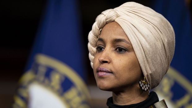 Representative Ilhan Omar, a Democrat from Minnesota, during a news conference at the US Capitol in Washington, DC, US, on Wednesday, Jan. 25, 2023. The House Speaker said that Republicans would be targeting Omar from returning to a seat on the House Committee on Foreign Affairs following accusations she used antisemitic tropes in earlier comments, for which she later apologized.