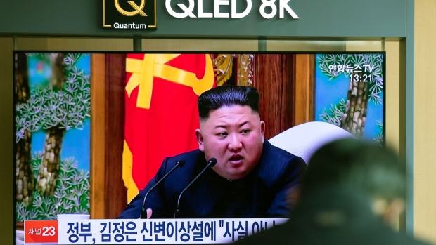 A screen displays a broadcast of a news report featuring North Korean leader Kim Jong Un at Seoul Station in Seoul, South Korea, on Tuesday, April 21, 2020. The U.S. is seeking details about Kim's health after receiving information that the North Korean leader was in critical condition after undergoing cardiovascular surgery last week, a U.S. official said.
